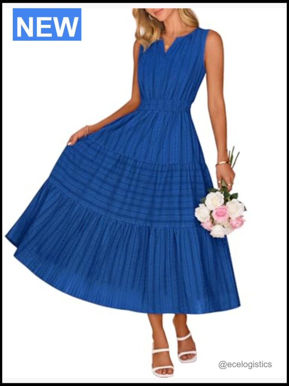 Womens Sleeveless V Neck Midi Maxi Dress Tiered High Waist Flowy Vacation Dress - Picture 2 of 7